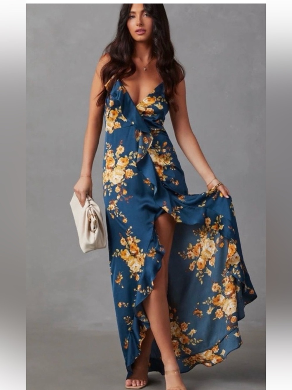 Vici Dolls Floral Satin Ruffle Halter Maxi Dress Navy Blue Flowing S Faux Wrap - Picture 3 of 16